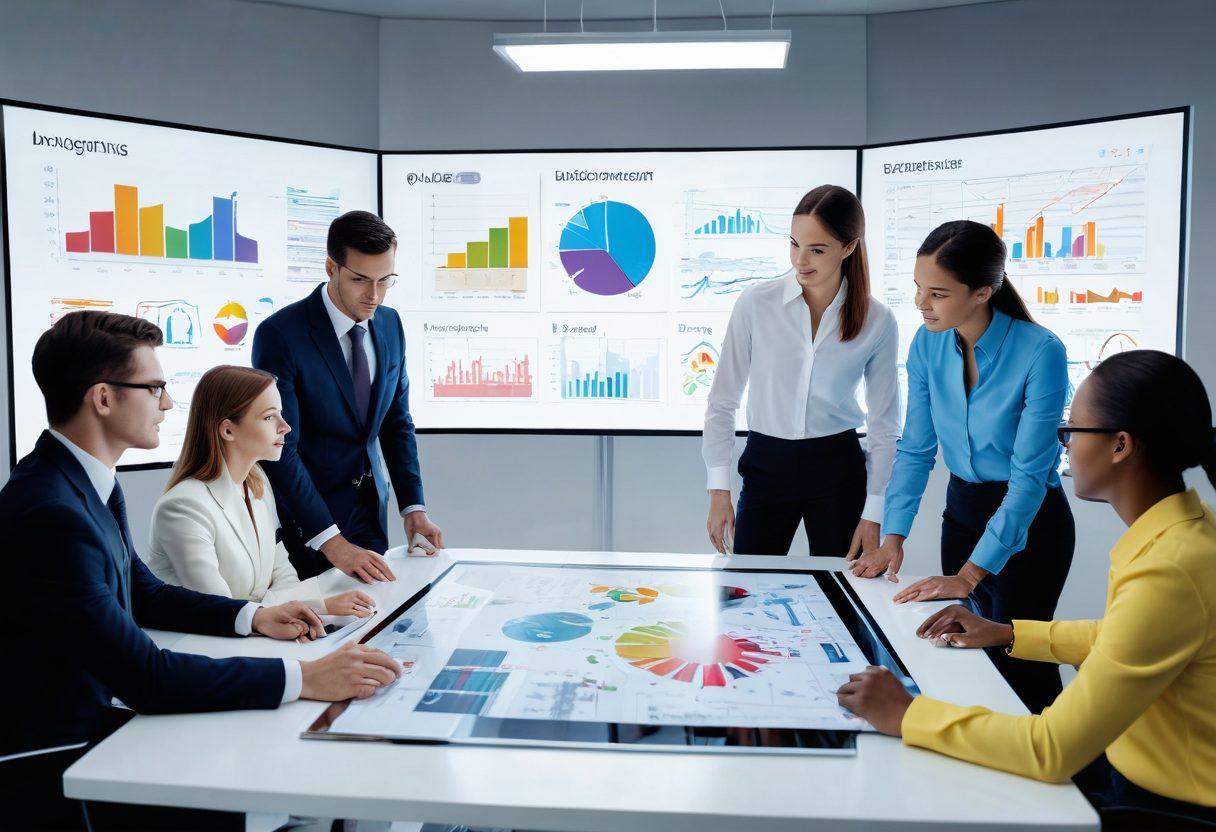 A dynamic scene depicting a diverse group of professionals engaging in a brainstorming session around a high-tech table filled with futuristic gadgets and interactive charts, showcasing various career trends and employment resources. In the background, a digital display reveals key statistics and insights related to job markets. Bright, optimistic colors enhance the sense of innovation and opportunity. super-realistic. vibrant colors. white background.