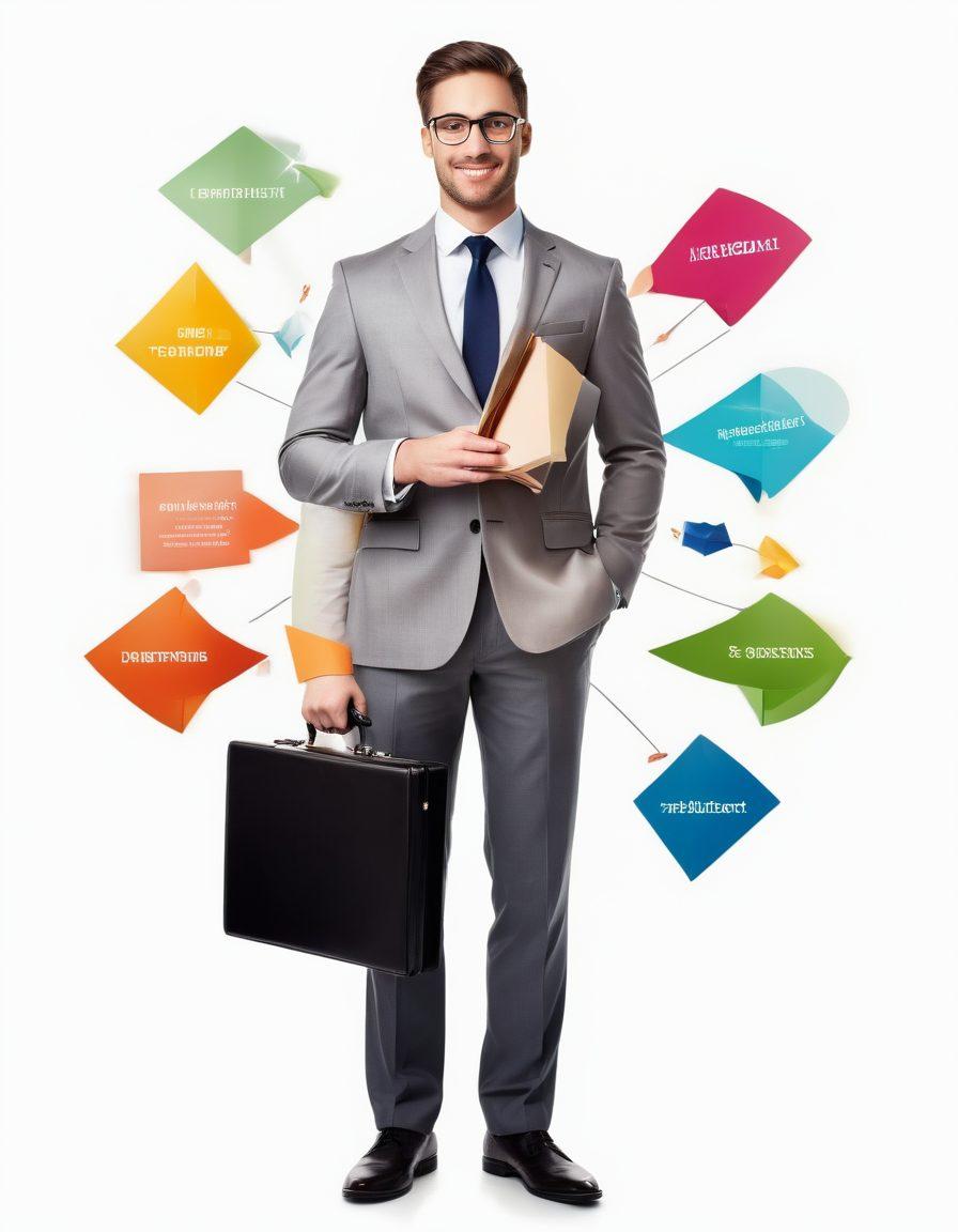 A confident job seeker standing at the crossroads of a resume and interview stage, holding a polished resume in one hand and a briefcase in the other, vibrant arrows pointing towards success. The background features subtle icons of job listings and communication tools. A soft glow emanates from the interview stage suggesting opportunity and optimism. super-realistic. vibrant colors. white background.