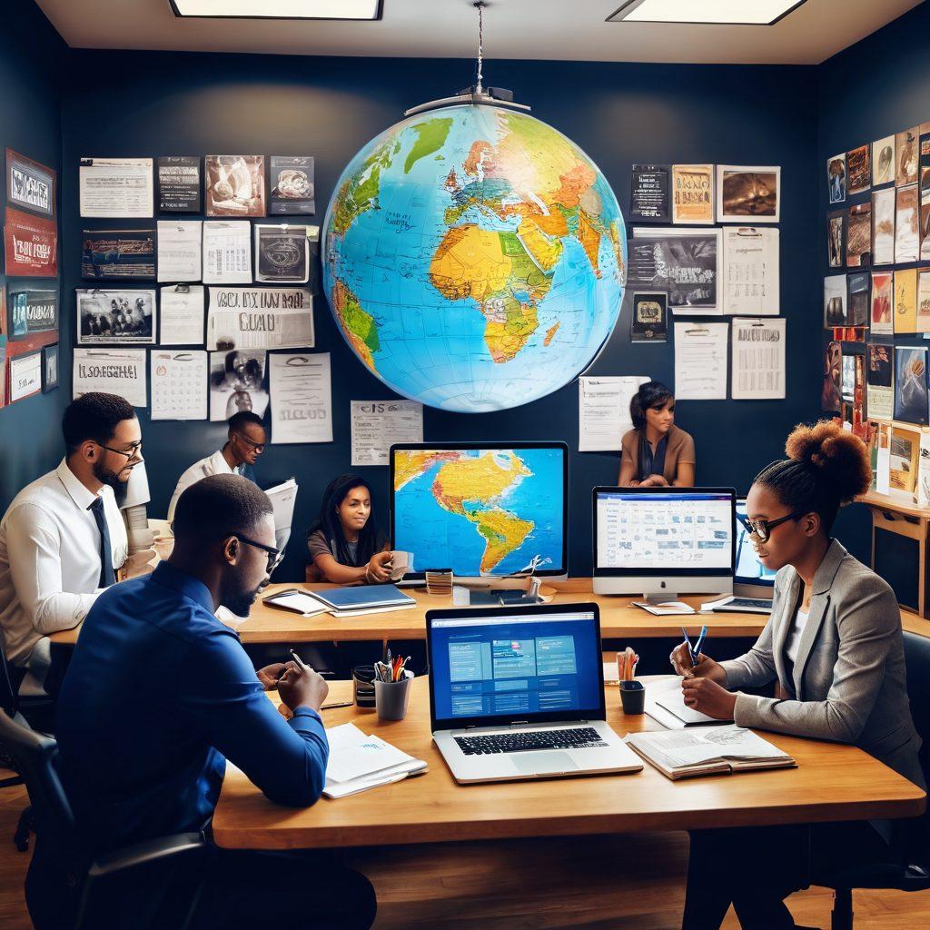 A visually appealing workspace scene featuring a diverse group of professionals engaged in job searching activities, surrounded by inspirational posters, laptops, and books on career growth. Include a globe to symbolize global job opportunities and a calendar marking important dates in the job market. The ambiance should convey motivation and focus. vibrant colors. 3D.